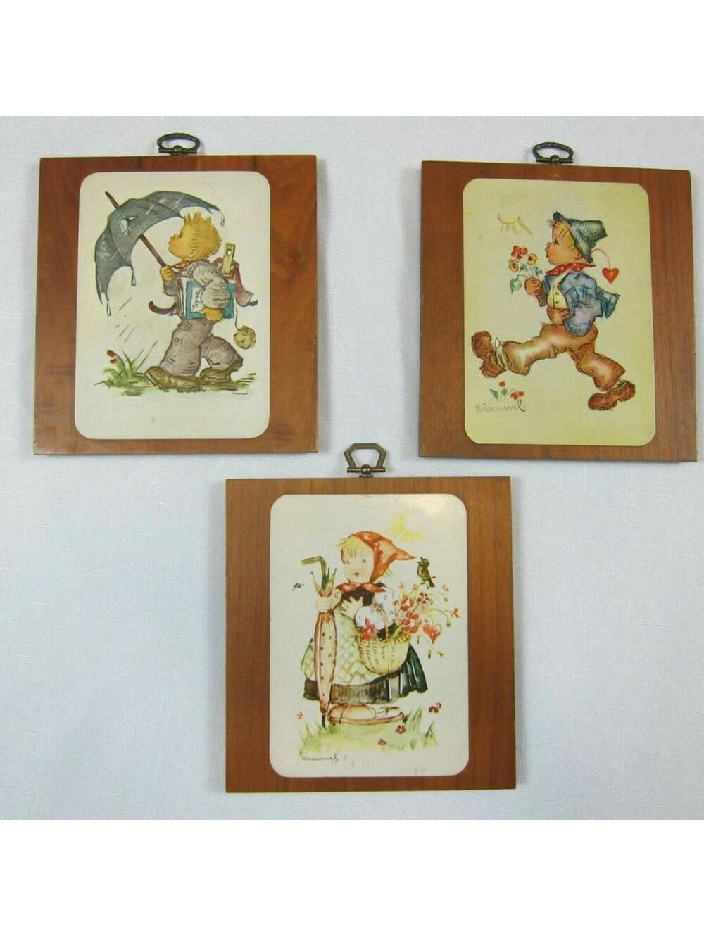 Lot of 3 Vintage Hummel Wood Wall Plaques Boy & Girl Umbrella Flowers Basket